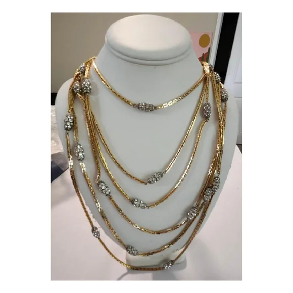 Vintage Christian Dior 6 Strand Gold Tone Necklace, Pave Crystal Beads, 1970s - Picture 10 of 14